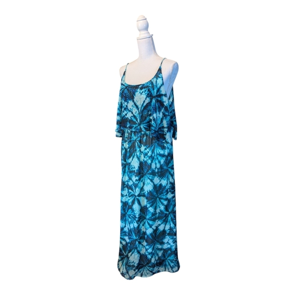 Faded Glory Aqua Tie-Dye Beach Maxi Dress Tiered Ruffled Top Hem XL (16-18)